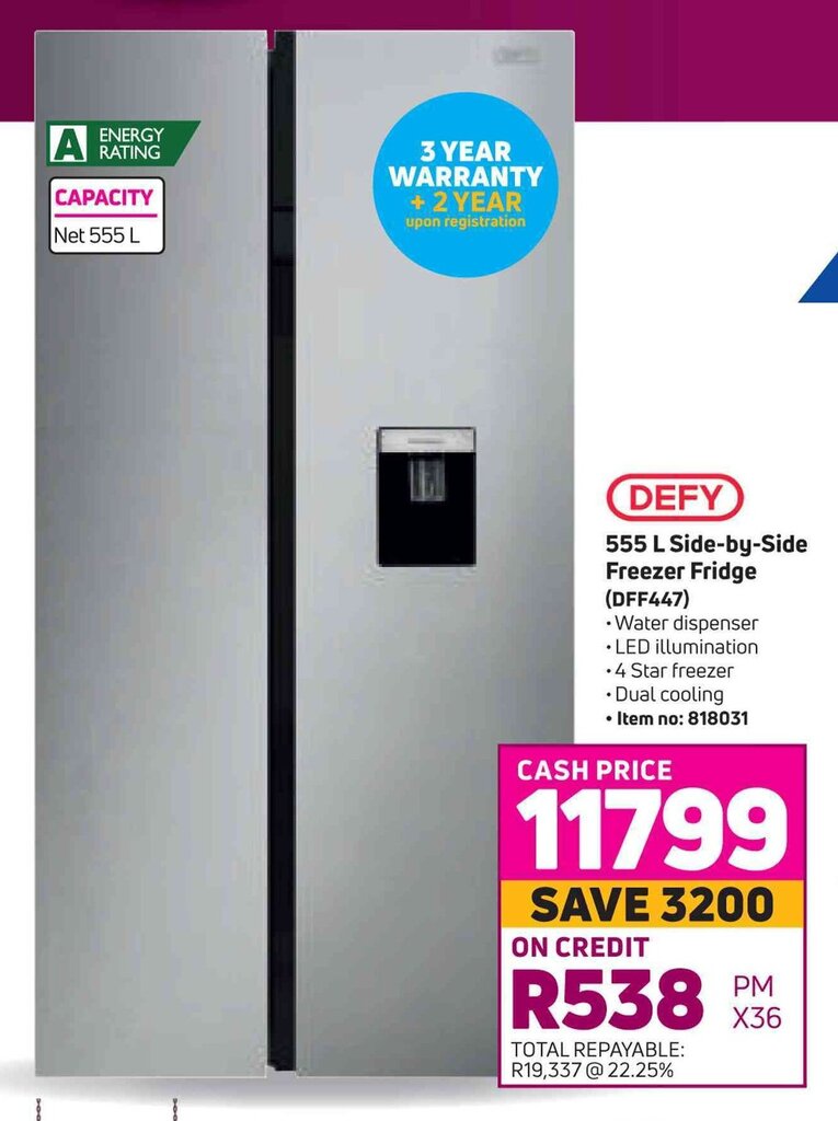 DEFY 555 L Side-by-Side Freezer Fridge (DFF447) offer at Game