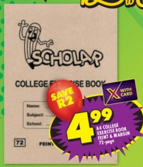 A4 COLLEGE EXERCISE BOOK FEINT & MARGIN 72-page offer at Shoprite