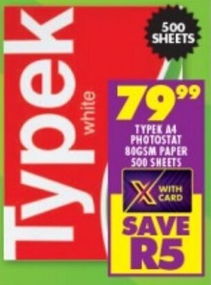 Shoprite TYPEK A4 PHOTOSTAT 80GSM PAPER 500 SHEETS offer