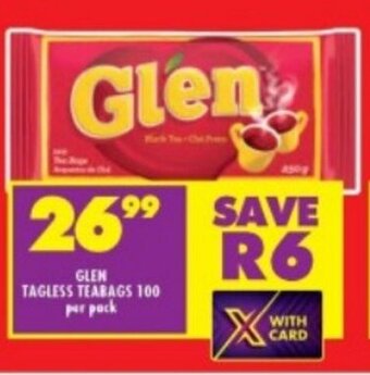 Shoprite GLEN TAGLESS TEABAGS 100 per pack offer