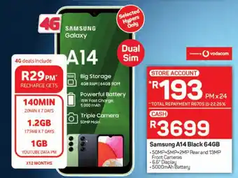 Pick n Pay Samsung A14 Black 64GB 50MP+5MP+2MP Rear and 13MP offer