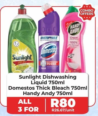 1UP Sunlight Dishwashing Liquid 750ml Domestos Thick Bleach 750ml Handy Andy 750ml offer
