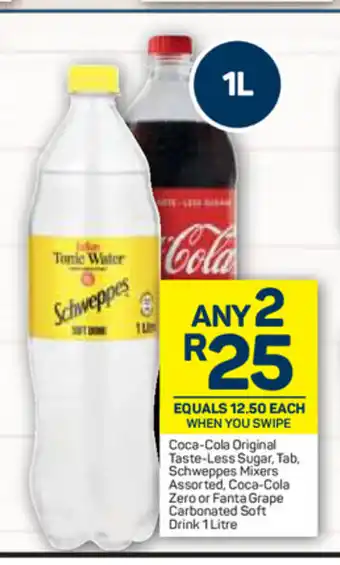 Pick n Pay Liquor Coca-Cola Original Taste-Less Sugar, Tab, Schweppes Mixers Assorted, Coca-Cola Zero or Fanta Grape CArbonated Drink 1 Litre offer