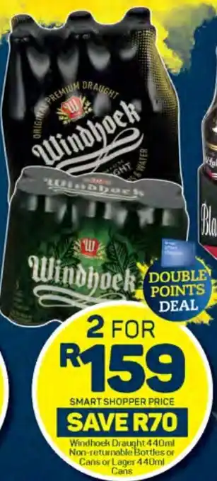 Pick n Pay Windhoek Draught 440ml Non-returnable Bottles or Cans or Lager 440ml Cans offer