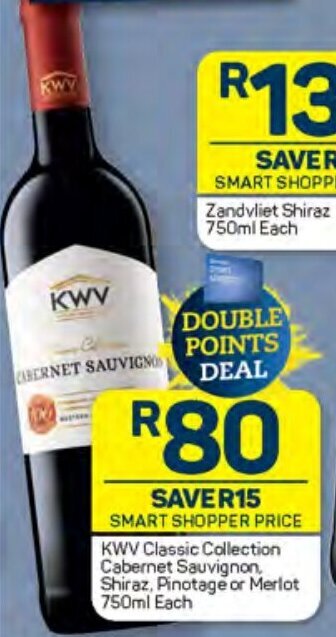 Pick n Pay KWV Classic Collection Cabernet Sauvignon, Shiraz, Pinotage or Merlot 750ml Each offer