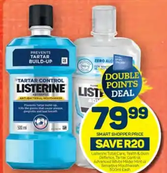 Pick n Pay Listerine Total Care, Teeth & Gum Defence, Tarter Control Advanced White Mider Mint of Sensitive Mouthwash 500ml Each offer