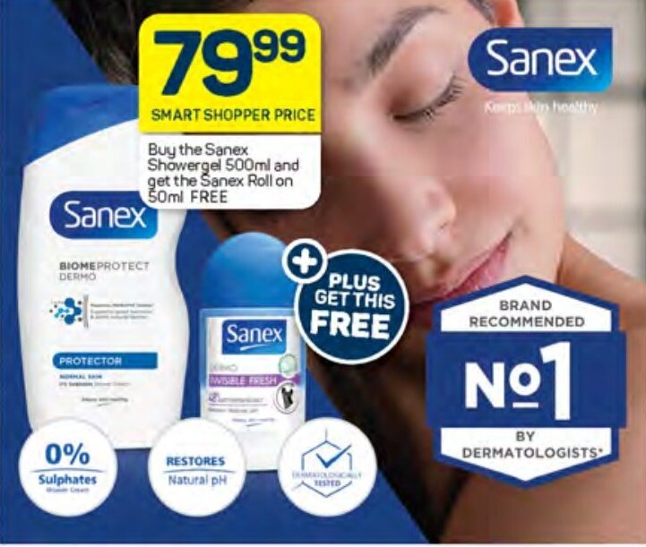 Buy the Sanex Showergel 500ml and get the Sanex Roll on 50ml FREE offer at Pick n Pay