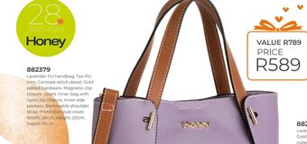 Lavender pu handbag. tan pu trim.