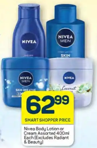 Pick n Pay Nivea Body Lotion or Cream Assorted 400ml Each (Excludes Radiant & Beauty) offer