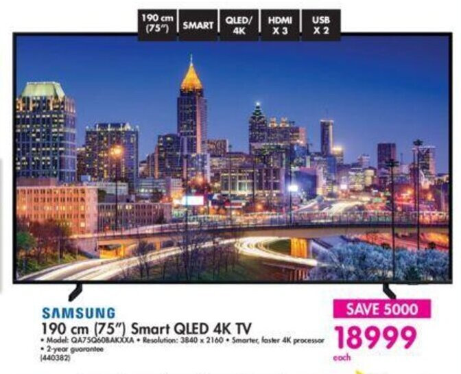 SAMSUNG 190 cm (75") Smart QLED 4K TV offer at Makro
