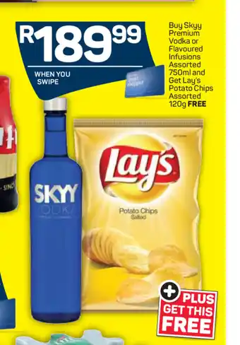 Pick n Pay Liquor Skyy Premium Vodka or Flavoured Infusions Assorted 750ml and Get Lay's Potato Chips Assorted 120g Free offer