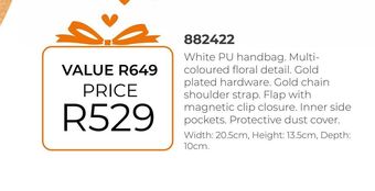 Honey Fashion Accessories White pu handbag. multi-coloured floral detail offer