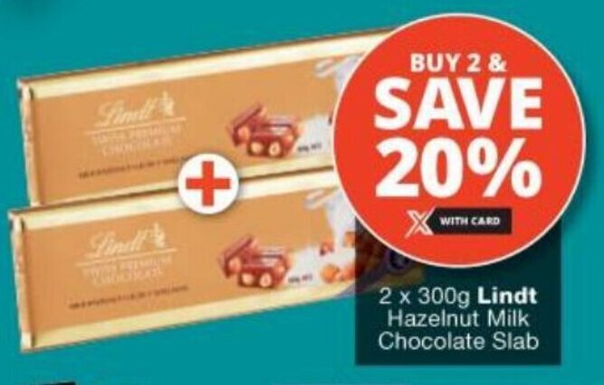 2 x 300g Lindt Hazelnut Milk Chocolate Slab offer at Checkers Liquor Shop