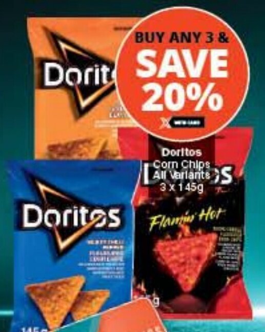 Doritos Corn Chips All VariantsS 3 x 145g offer at Checkers