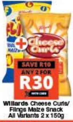 Checkers Willards Cheese Curls/ Flings Maize Snack All Variants 2 x 150g offer