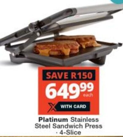 Platinum Stainless Steel Sandwich Press - 4-Slice offer at Checkers