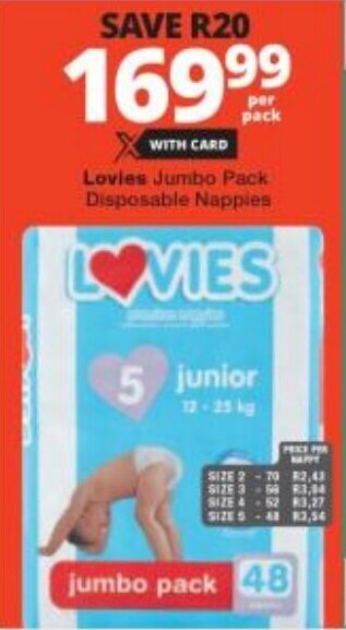 Checkers Lovies Jumbo Pack Disposable Nappies offer