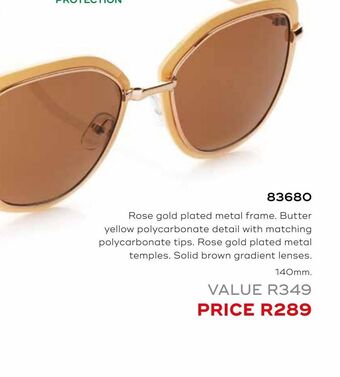Rose gold plated metal frane. butter yellow polycarbonatedetail with matching plycarbonate tips