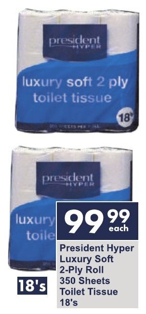 President Hyper President Hyper Luxury Soft 2-Ply Roll 350 Sheets Toilet Tissue 18's offer