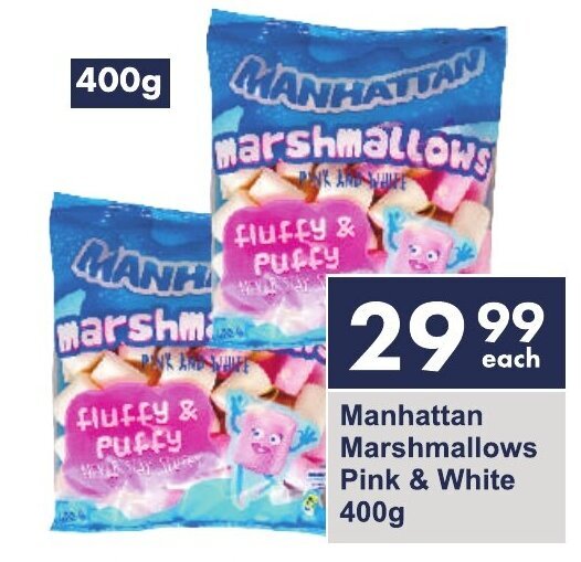 Manhattan Marshmallows Pink & White 400g offer at President Hyper