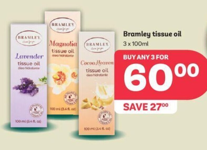 Bramley tissue oil 3 x 100ml offer at PEP