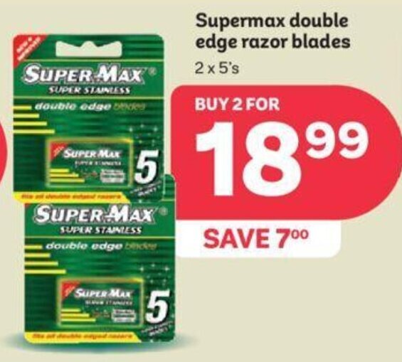 Supermax double edge razor blades 2x5's offer at PEP