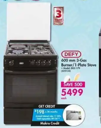 Makro DEFY 600mm 3-Gas Burner/ 1-Plate Stove offer