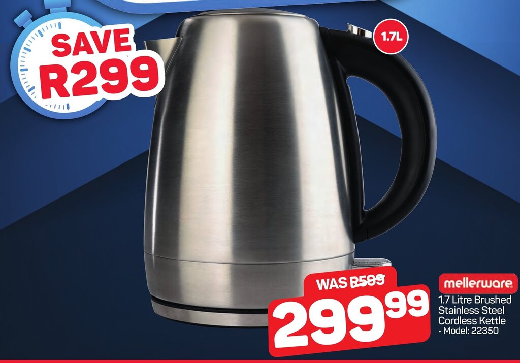 mellerware 1.7 Litre Brushed Stainless Steel Cordless Kettle • Model