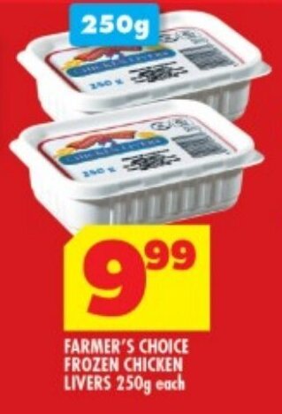 Usave FARMER'S CHOICE FROZEN CHICKEN LIVERS 250g each offer