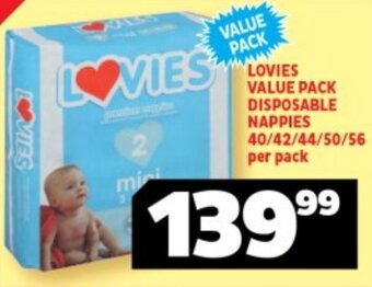 Usave LOVIES VALUE PACK DISPOSABLE NAPPIES 40/42/44/50/56 per pack offer
