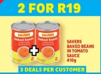 Usave SAVERS BAKED BEANS IN TOMATO SAUCE 410g offer