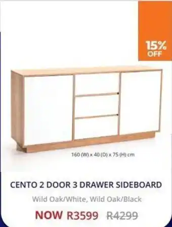 Decofurn CENTO 2 DOOR 3 DRAWER SIDEBOARD Wild Oak/White, Wild Oak/Black offer