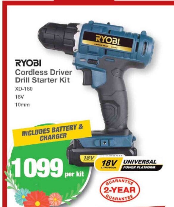 Ryobi Cordless Driver Drill Starter Kit 18V 10mm offer at Mica