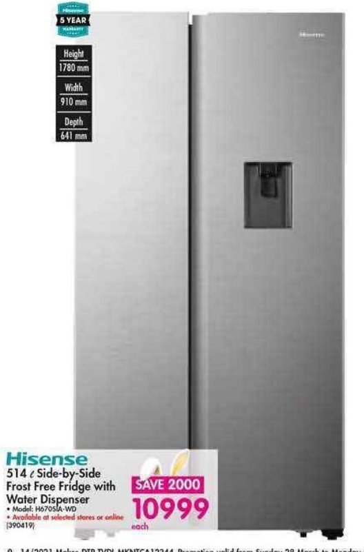Hisense 514L SidebySide Frost Free Dispenser offer at Makro