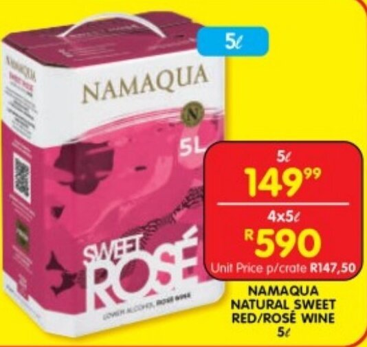 NAMAQUA NATURAL SWEET RED/ROSE WINE 5L offer at Shoprite