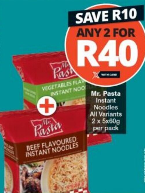 Mr. Pasta Instant Noodles All Variants 2 x 5x60g per pack offer at Checkers