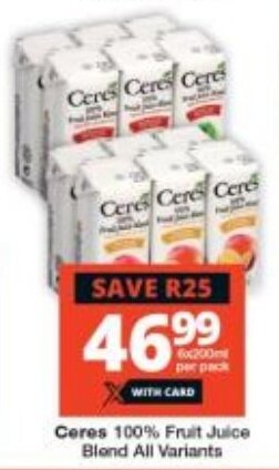 Checkers Ceres 100% Fruit Juice Blend All Variants offer