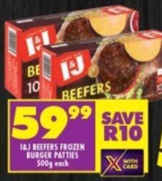 Shoprite I&J BEEFERS FROZEN BURGER PATTIES 500g each offer