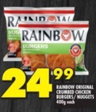 Shoprite RAINBOW ORIGINAL CRUMBED CHICKEN BURGERS/NUGGETS 400g each offer