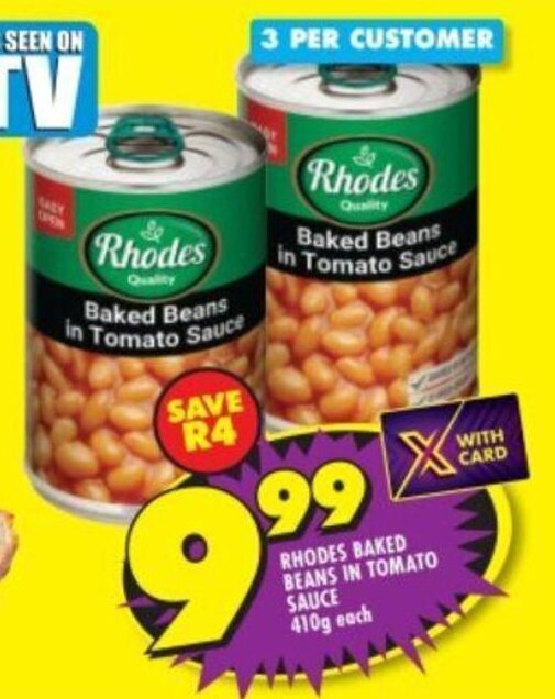 RHODES BAKED BEANS IN TOMATO SAUCE 410g each offer at Shoprite