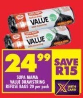 SUPA MAMA VALUE DRAWSTRING REFUSE BAGS 20 per pack