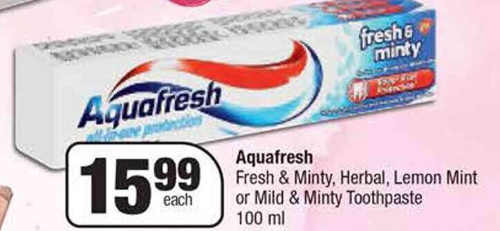 Spar Aquafresh Fresh & Minty, Herbal, Lemon Mint or Mild & Minty Toothpaste 100 ml offer