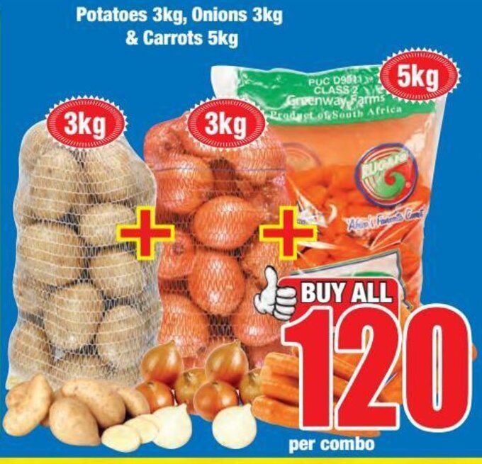 Boxer Potatoes 3kg, Onions 3kg & Carrots 5kg offer