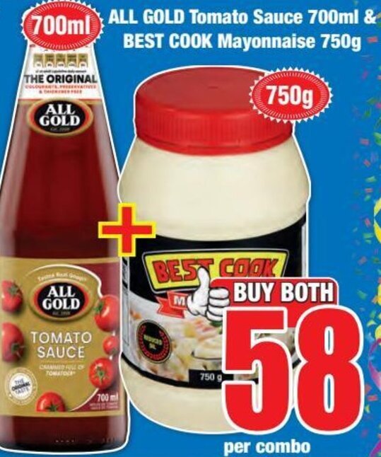 ALL GOLD Tomato Sauce 700ml & BEST COOK Mayonnaise 750g offer at Boxer