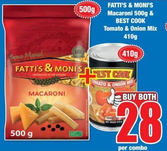 Boxer FATTI'S & MONI'S Macaroni 500g & BEST COOK Tomato & Onion Mix 410g offer