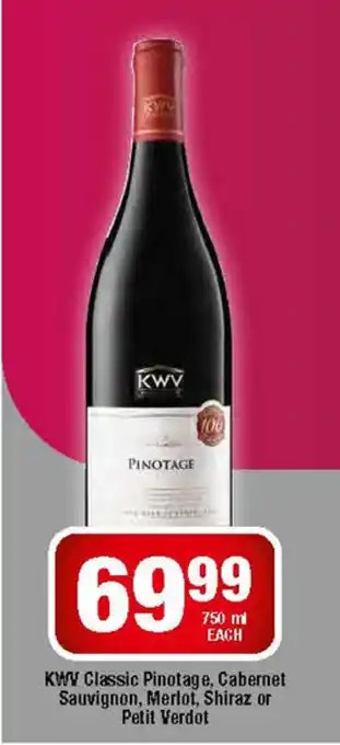 OK Liquor KWV Classic Pinotage, Cabernet Sauvignon, Merlot, Shiraz or Petit Verdot 750ml each offer