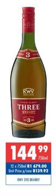 Ultra Liquors KWV 3YO Brandy 750ml offer
