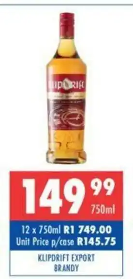 Ultra Liquors Klipdrift Export Brandy 750ml offer