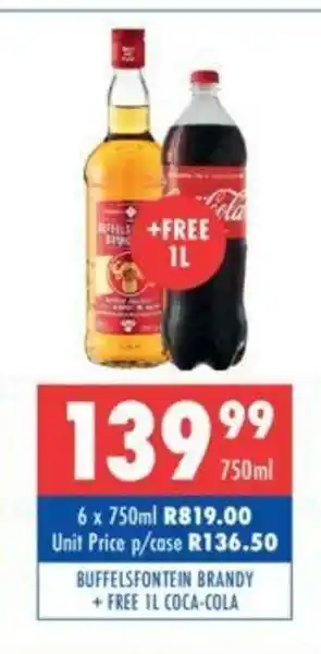 Ultra Liquors Buffelsfontein Brandy 750ml + Free 1L Coca-Cola offer