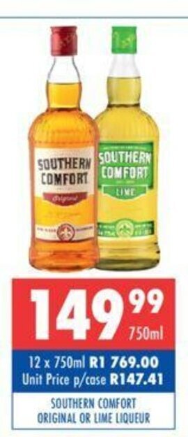 Ultra Liquors Southern Comfort Original or Lime Liqueur 750ml offer